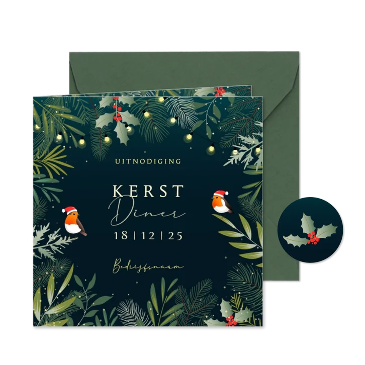 Botanische uitnodiging kerst met verplaatsbare roodborstjes