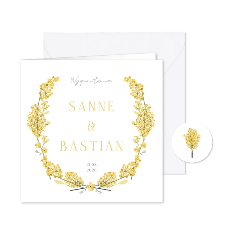 Botanische uitnodiging trouwkaart gele mimosa bloemen