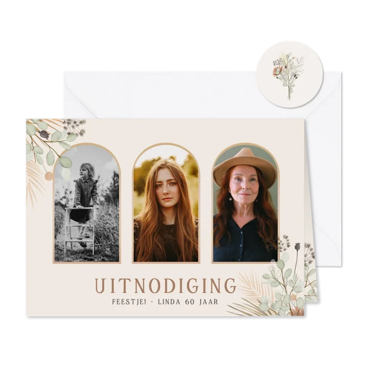 Botanische uitnodiging verjaardagsfeest met 3 foto's