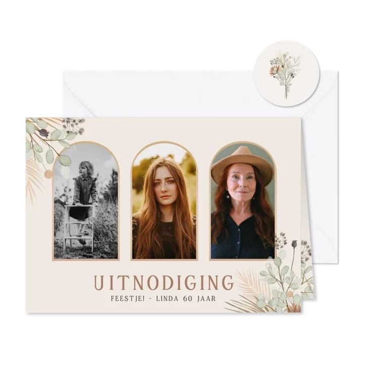 Botanische uitnodiging verjaardagsfeest met 3 foto's 
