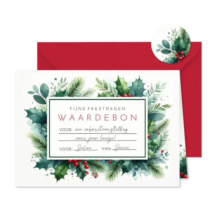 Botanische waardebon kerst cadeaukaart met takjes