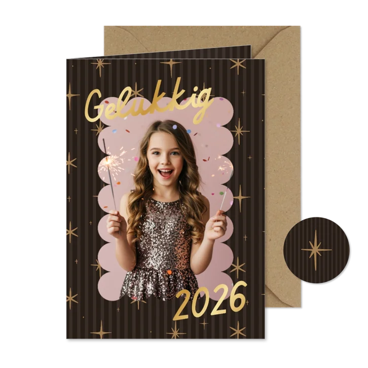 Bruine foto nieuwjaarskaart met sterren en goudfolie