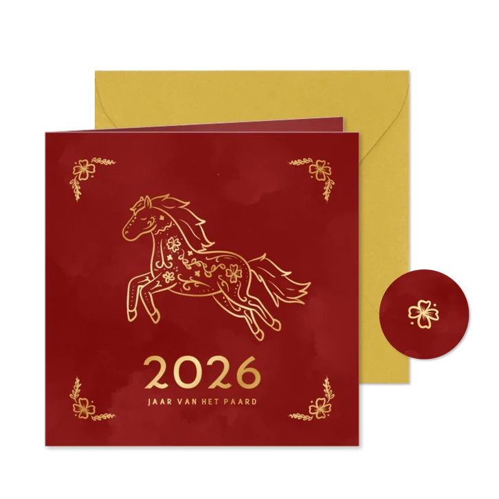 Chinees nieuwjaarskaartje paard in goudfolie rood