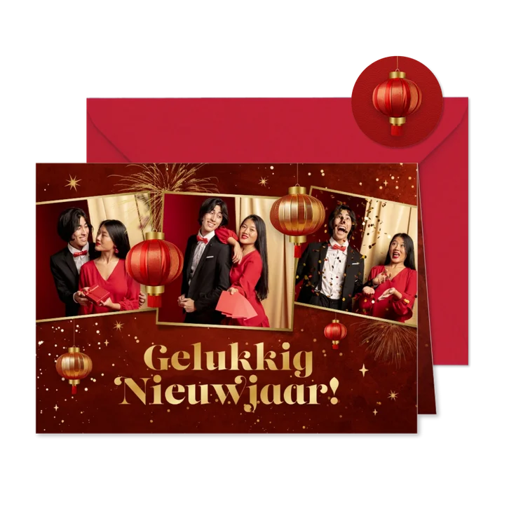 Chinese nieuwjaarskaart fotocollage lantaarns sterren 