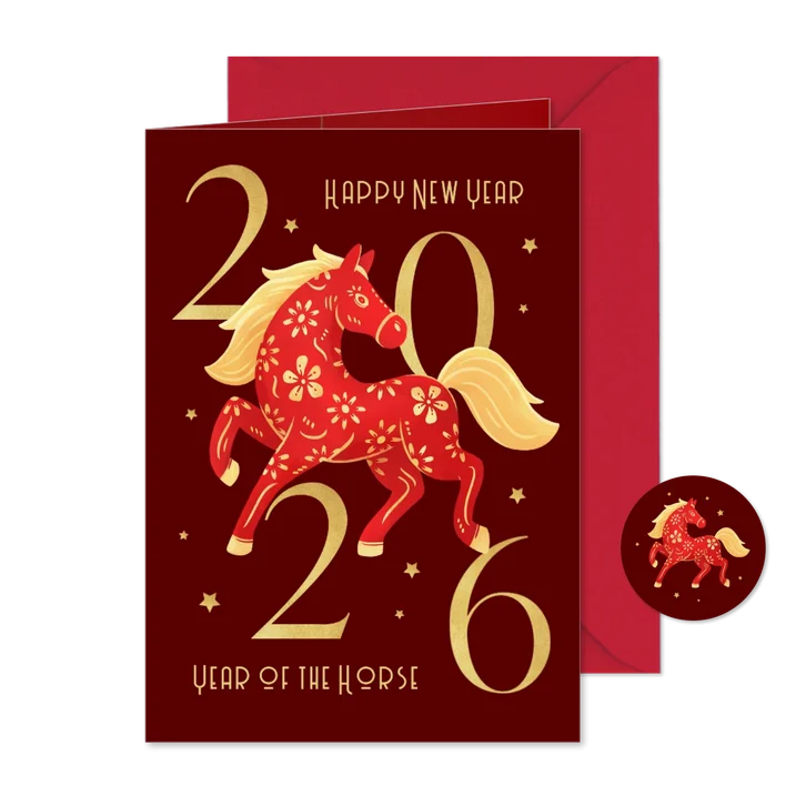 Chinese nieuwjaarskaart paard 2026 sterren goud