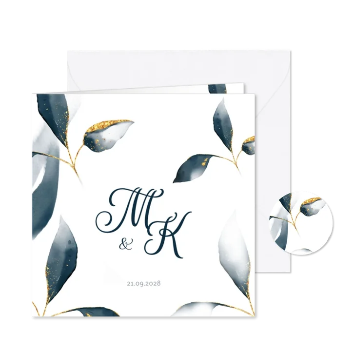 Chique botanische trouwkaart aquarel blad blauw - vierkant