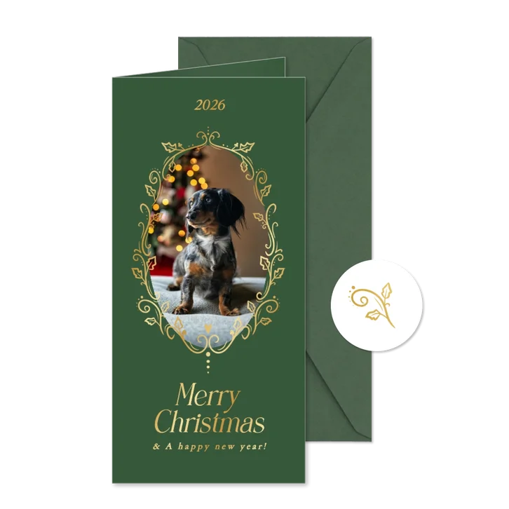 Chique kerstkaart met gouden fotokader van takjes