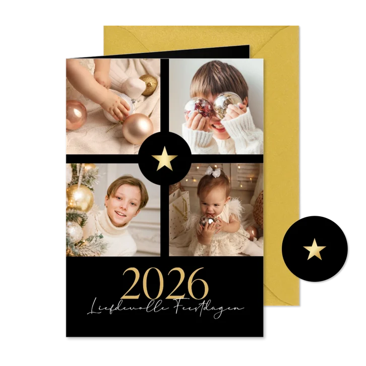 Chique zwarte fotocollage kerstkaart met gouden ster