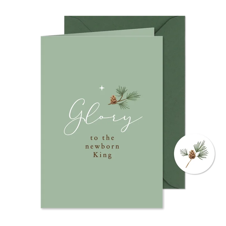 Chistelijke kerstkaart dennentakje glory to the king