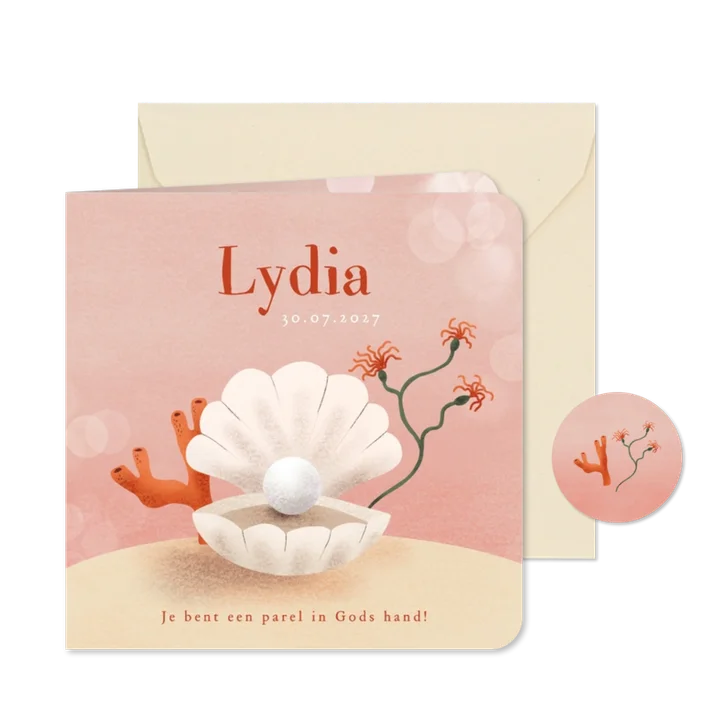 Christelijk roze geboortekaartje met parel in schelp
