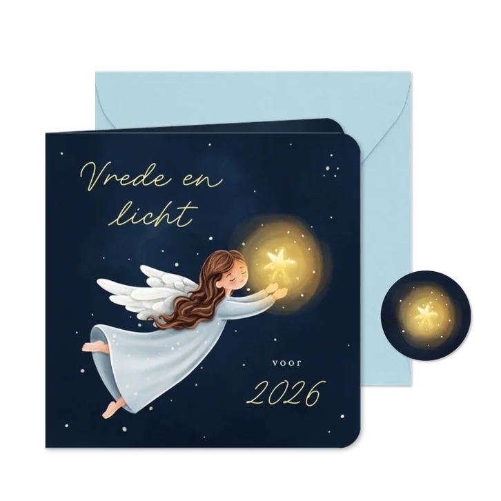 Christelijke kerstkaart engel met ster vrede & licht