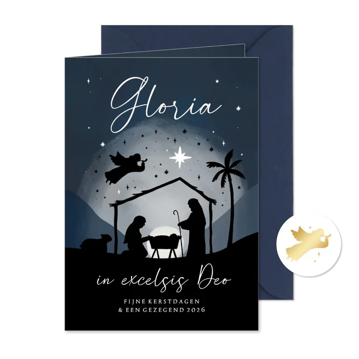Christelijke kerstkaart kerststal silhouet engel sterren