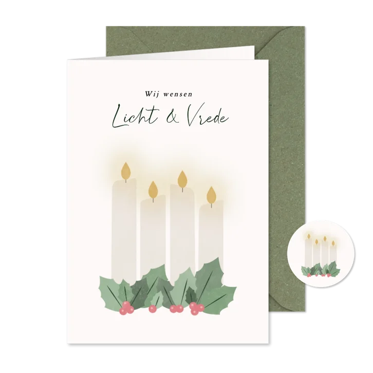 Christelijke kerstkaart met advent kaarsen licht & vrede