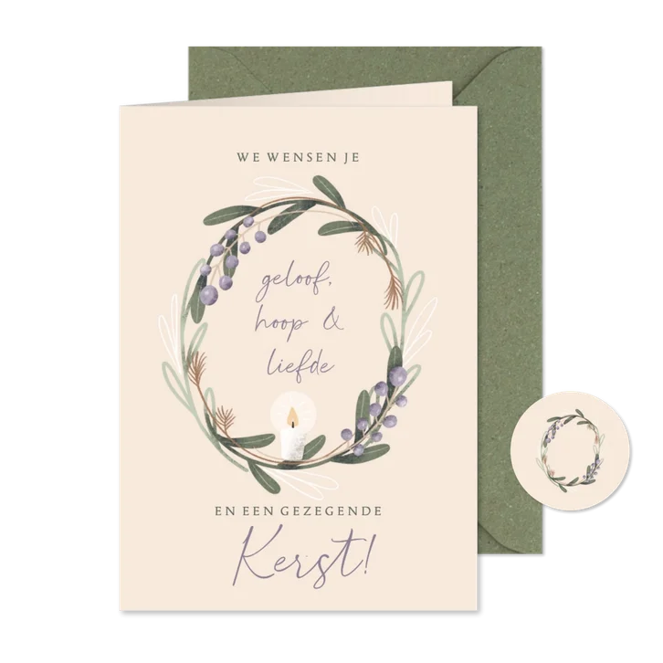 Christelijke kerstkaart met krans kaars en bijbeltekst