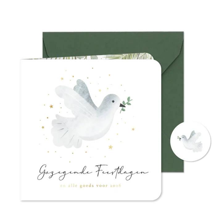 Christelijke kerstkaart met vredesduif en goudfolie sterren
