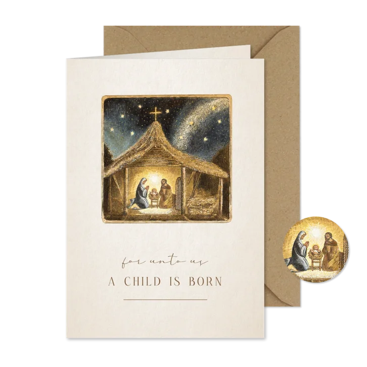Christelijke kerstkaart 'unto us a child has born' kerststal