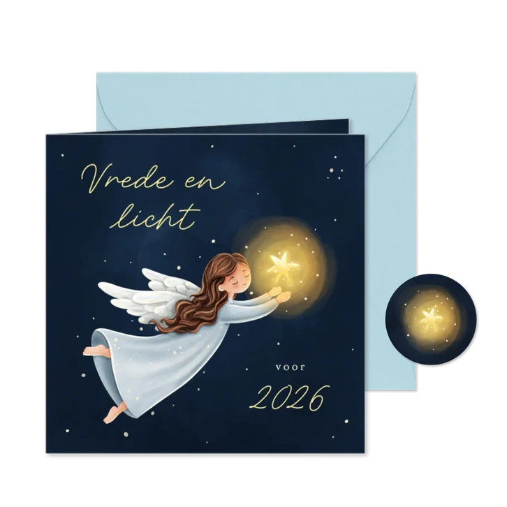 Christelijke nieuwjaarskaart engel met ster vrede & licht