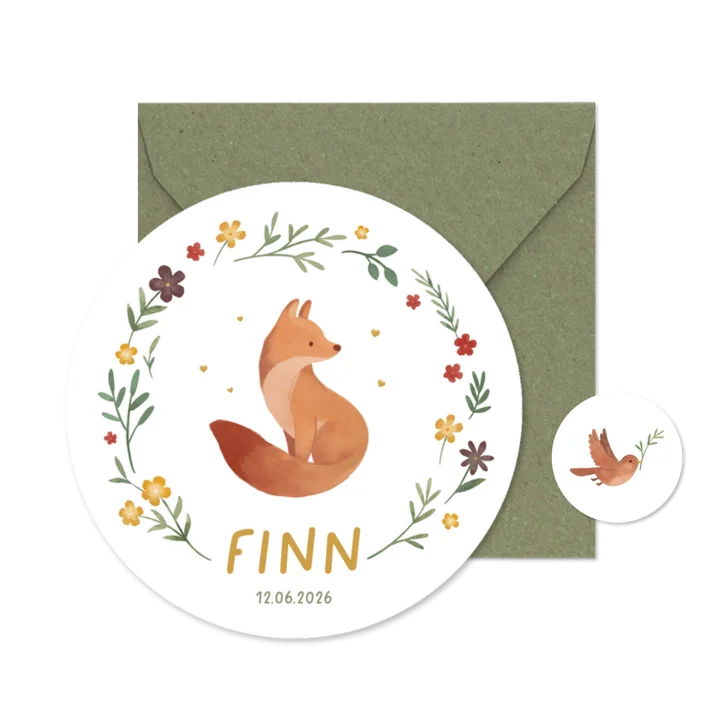 Cirkel geboortekaartje vosje lente bloemen hartjes