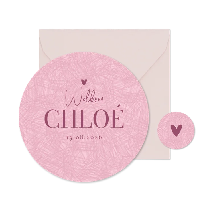 Cirkelkaart geboortekaartje meisje rond potlood effect roze