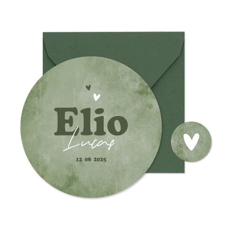 Cirkelkaart geboortekaartje rond groen natuurlijk stoer