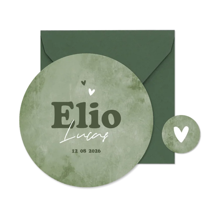 Cirkelkaart geboortekaartje rond groen natuurlijk stoer