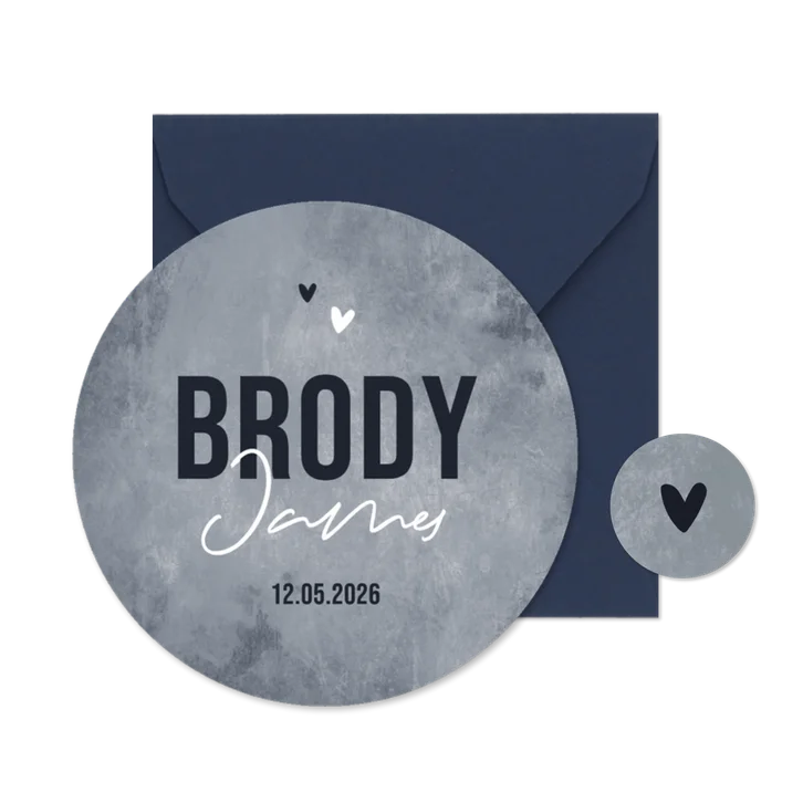 Cirkelvorm geboortekaartje stoer betonlook grijs hartjes