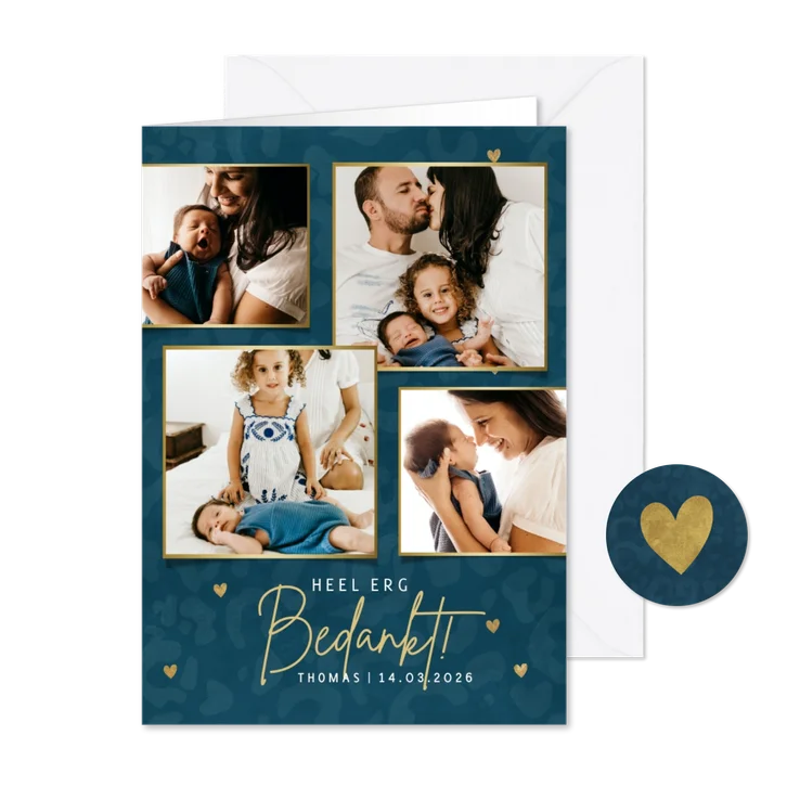 Collage geboorte bedankkaartjes panterprint & gouden hartjes