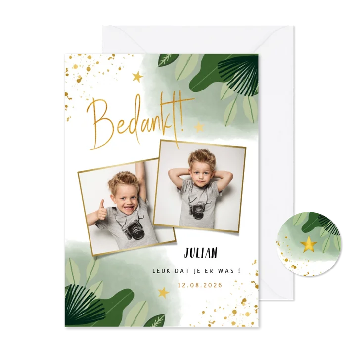 Communie bedankkaart hip met planten foto's en goud spetters