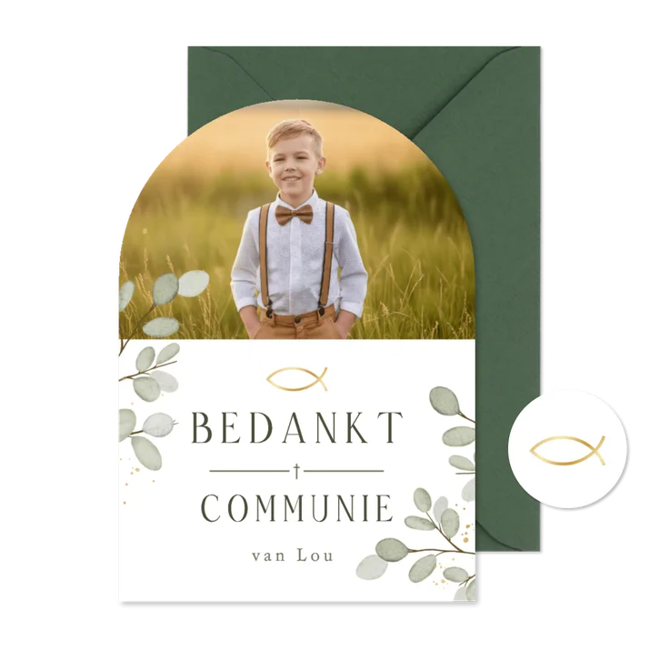 Communie bedankkaart met foto eucalyptus & Ichtus visje