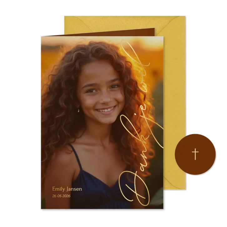 Communie bedankkaart stijlvol met grote foto en foliedruk