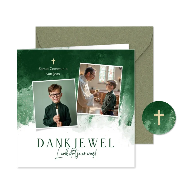 Communie bedankkaart waterverf donkergroen christelijk kruis