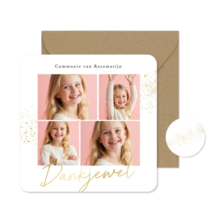 Communie bedankkaartje fotocollage wit met gouden spetters