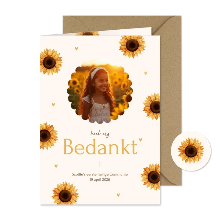 Communie bedankkaartje met foto, zonnebloemen en hartjes