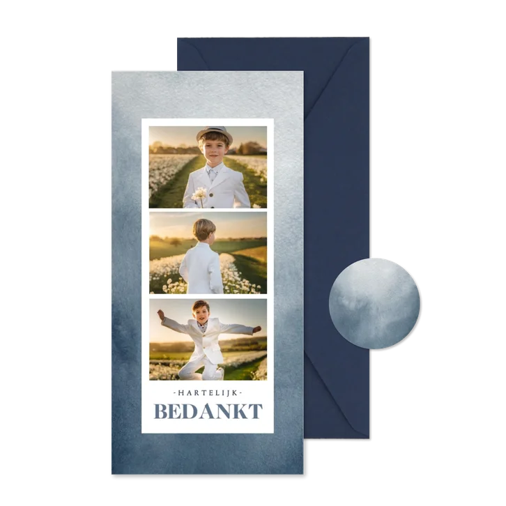 Communie bedankkaartje met fotocollage op blauwe waterverf 