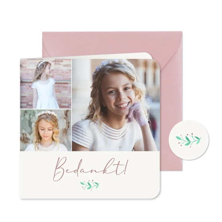 Communie foto-bedankkaartje met aquarel takje