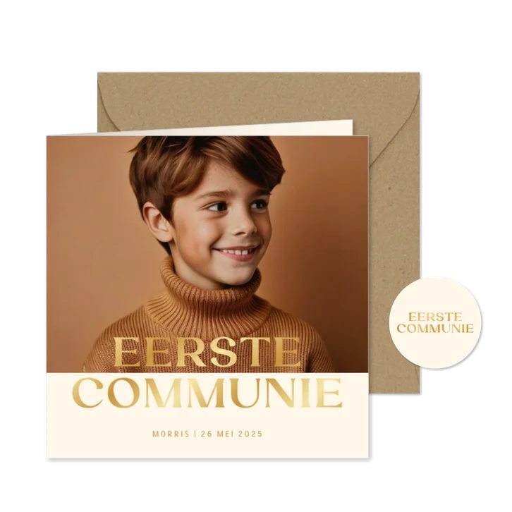 Communie fotokaart uitnodiging met goudfolie