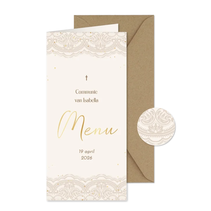Communie menukaart beige kant met gouden spettertjes
