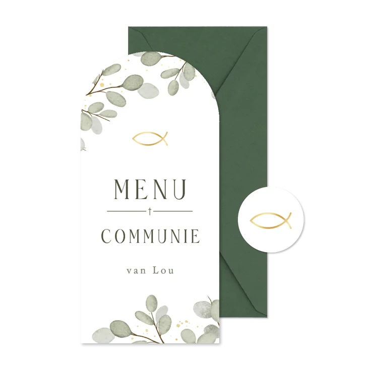 Communie menukaart eucalyptus langwerpige boogvorm