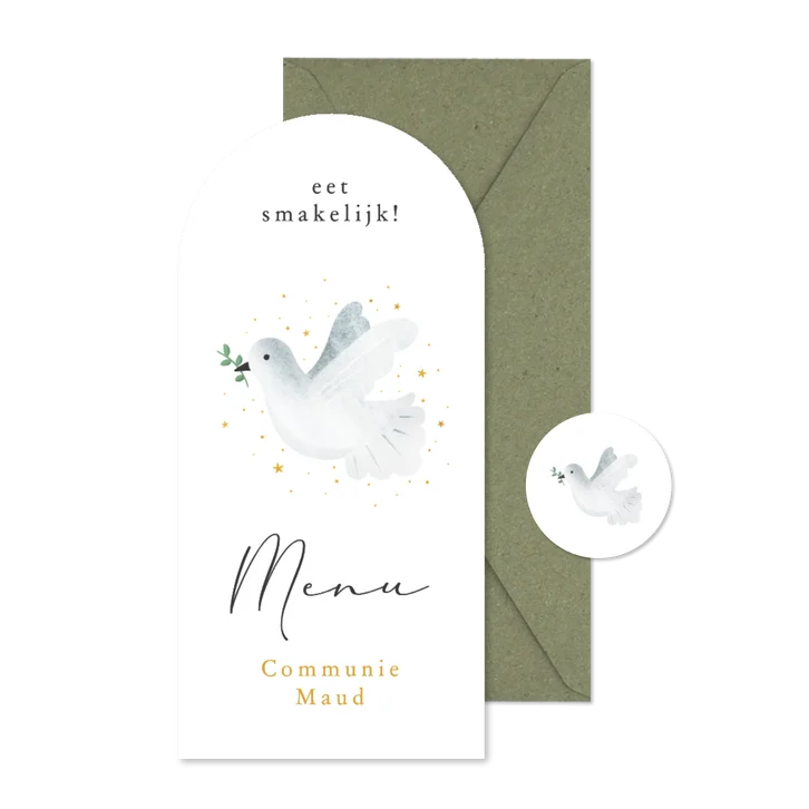 Communie menukaart langwerpige boog met duif