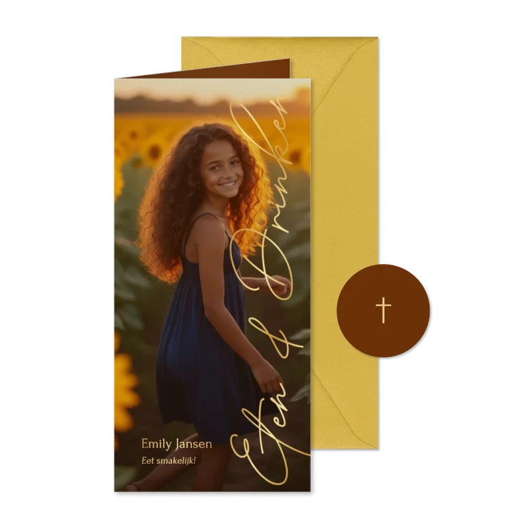 Communie menukaart stijlvol met grote foto en foliedruk