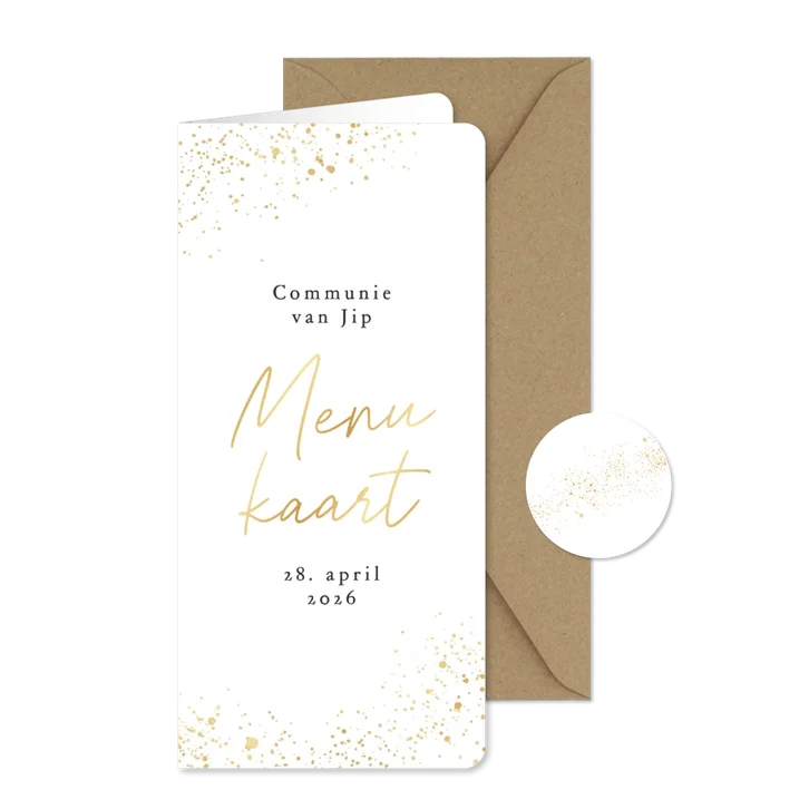 Communie menukaart wit met gouden spetters folie