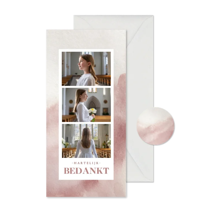 Communie roze bedankkaartje met fotocollage op waterverf