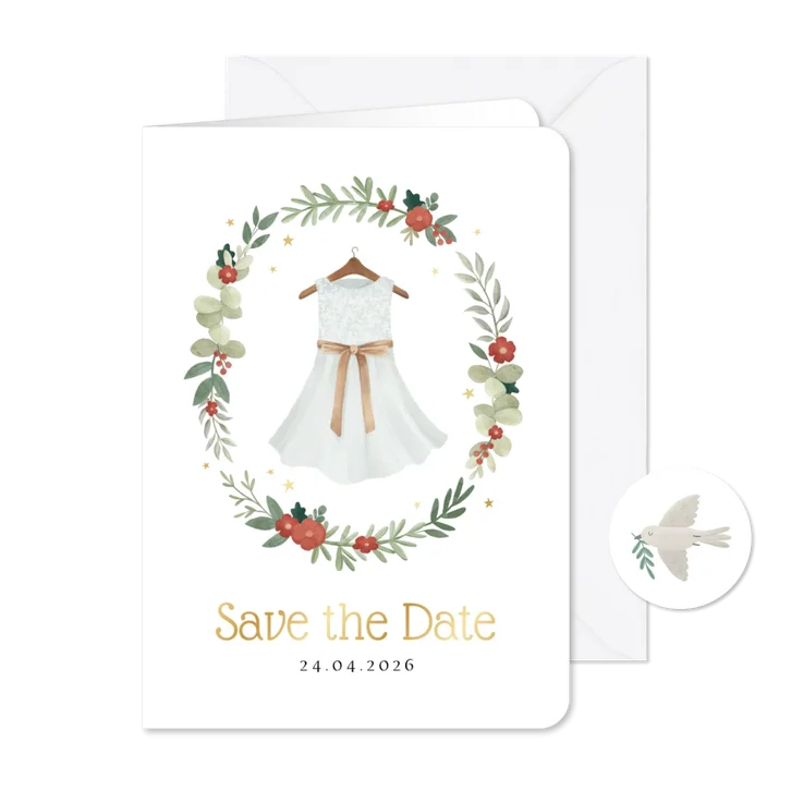Communie save the date jurkje bloemen krans sterren goud