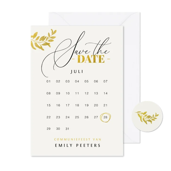 Communie save the date uitnodiging meisje goud bladeren verf