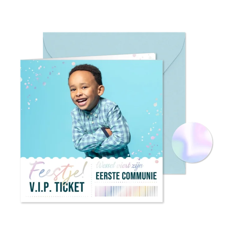 Communie ticket foto uitnodiging modern holografisch