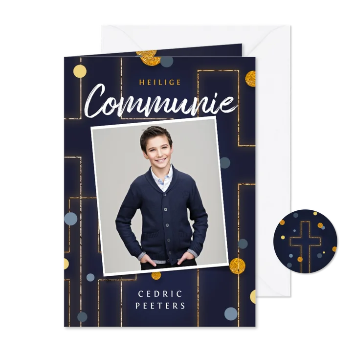 Communie uitnodiging christelijk goud confetti foto