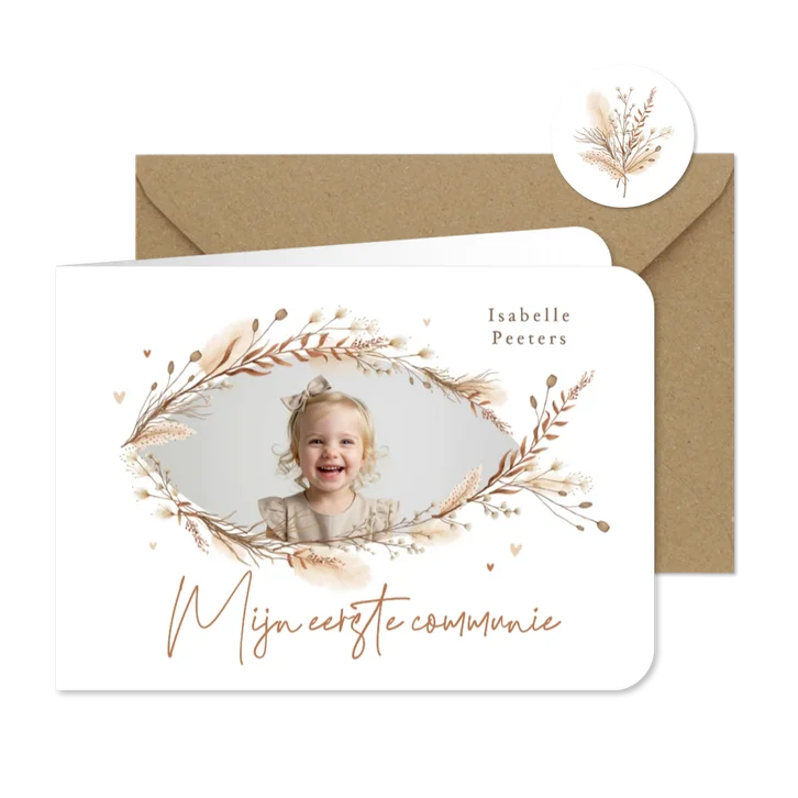 Communie uitnodiging foto ichthus bohemian gedroogde takjes