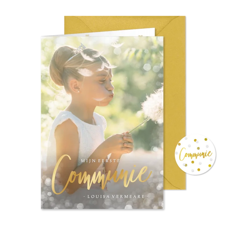 Communie uitnodiging fotokaart met gouden letters