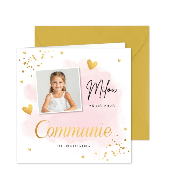 Communie uitnodiging meisje met foto roze waterverf goudlook