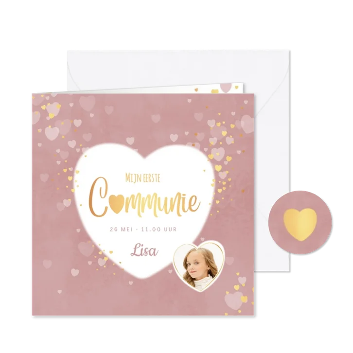 Communie uitnodiging meisje roze hartjes en foto